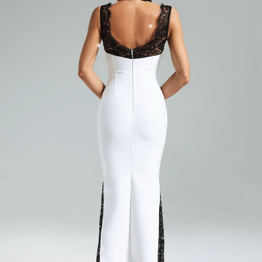 White Maxi Dress with Black Lace Detail - Picture 4 of 7